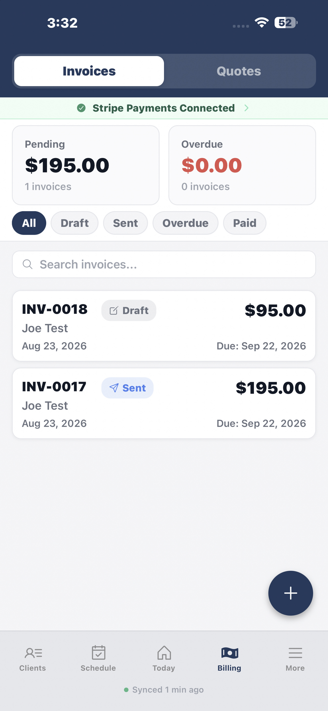 Poolnet invoice list showing draft, sent, overdue and paid filters